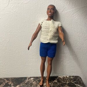 Barbie curvy Ken in crocheted Doll Outfit with Blue Shorts